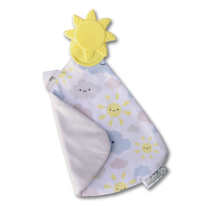 Munch-It Blanket - You Are My Sunshine -  a convenient teether and cozy blanket for baby. Designed to target baby's emerging front& eye teeth as well as early molars.  The soft blanket is perfect for snuggling and absorbing drool
